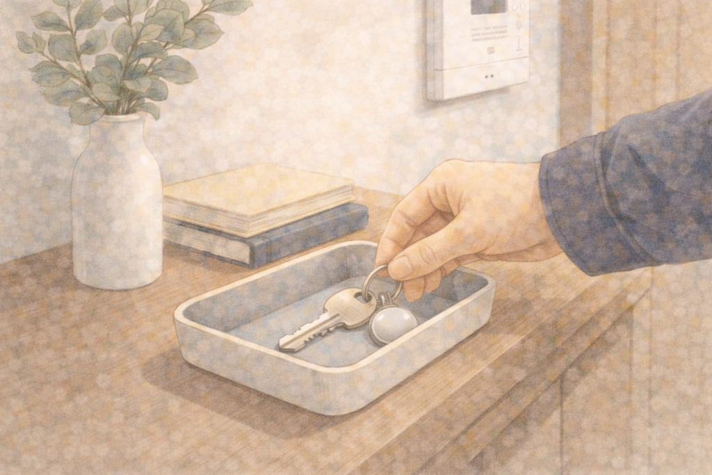 玄関のトレイに家の鍵を置いている様子を描いた 鍵 紛失 防止 の水彩画イラスト