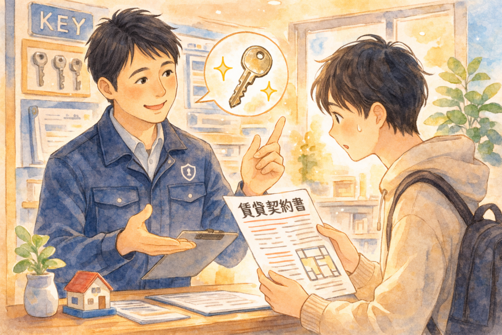 賃貸 鍵 紛失 の正しい対処法を解説するイラスト