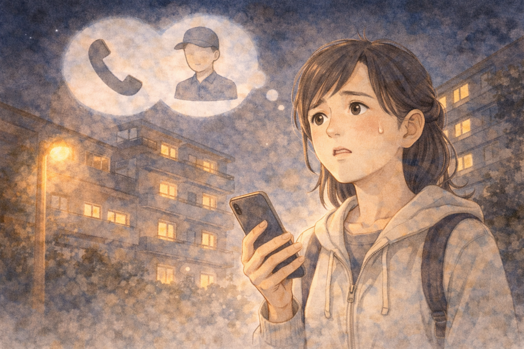 夜のアパートの前でスマホを持ち、誰に連絡すべきか途方に暮れている女性のイラスト
