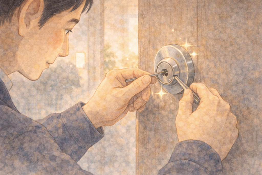 賃貸アパートのドアを壊さずに丁寧に開錠している鍵屋の手元のイラスト