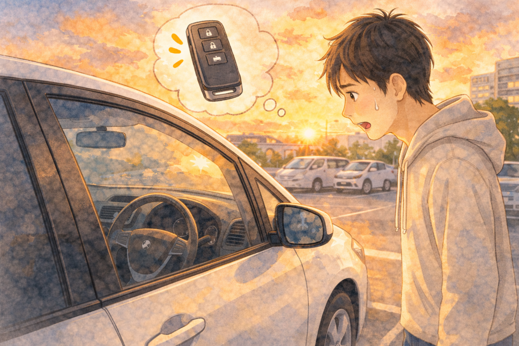 駐車場で車の鍵をなくして困っている男性のイラスト