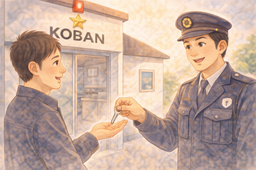 交番で警察官に拾った鍵を届けている人のイラスト
