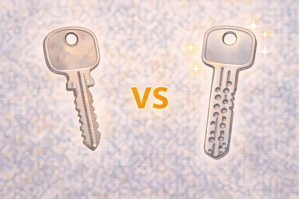 ギザギザの鍵とディンプルキーの比較イラスト。防犯性能の違いを表現。