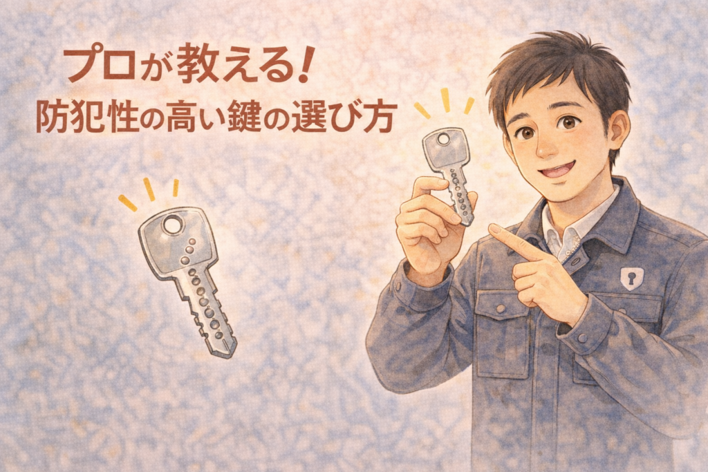 防犯性の高いディンプルキーを手に解説する正直な鍵屋たこやきのイラスト。画像内に「プロが教える！防犯性の高い鍵の選び方」と文字が入っている