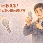 防犯性の高いディンプルキーを手に解説する正直な鍵屋たこやきのイラスト。画像内に「プロが教える！防犯性の高い鍵の選び方」と文字が入っている
