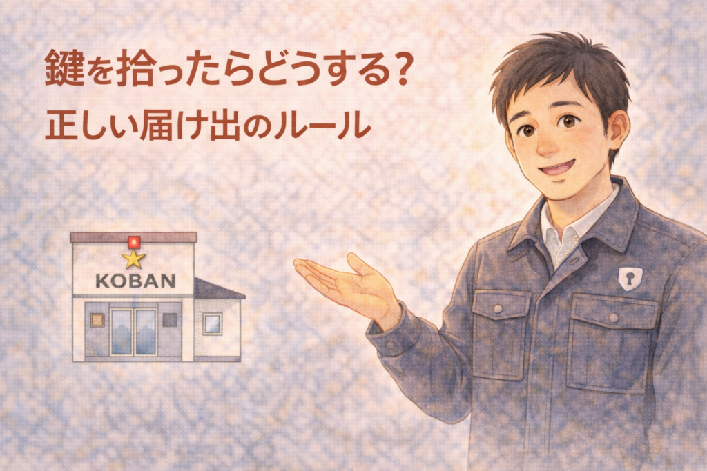 鍵を拾った時のルールを解説する正直な鍵屋たこやきのイラスト。画像内に「鍵を拾ったらどうする？正しい届け出のルール」と文字が入っている