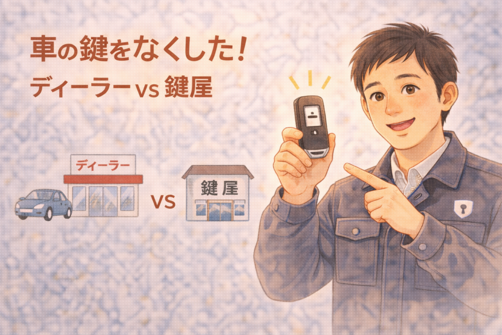 車のスマートキーを持って解説する正直な鍵屋たこやきのイラスト。画像内に「車の鍵をなくした!ディーラー vs 鍵屋」と文字が入っている