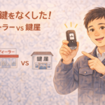 車のスマートキーを持って解説する正直な鍵屋たこやきのイラスト。画像内に「車の鍵をなくした！ディーラー vs 鍵屋」と文字が入っている