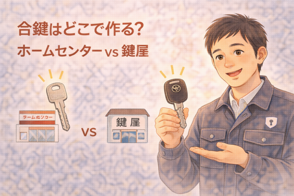 合鍵の種類の違いを説明する正直な鍵屋たこやきのイラスト。画像内に「合鍵はどこで作る？ホームセンター vs 鍵屋」と文字が入っている