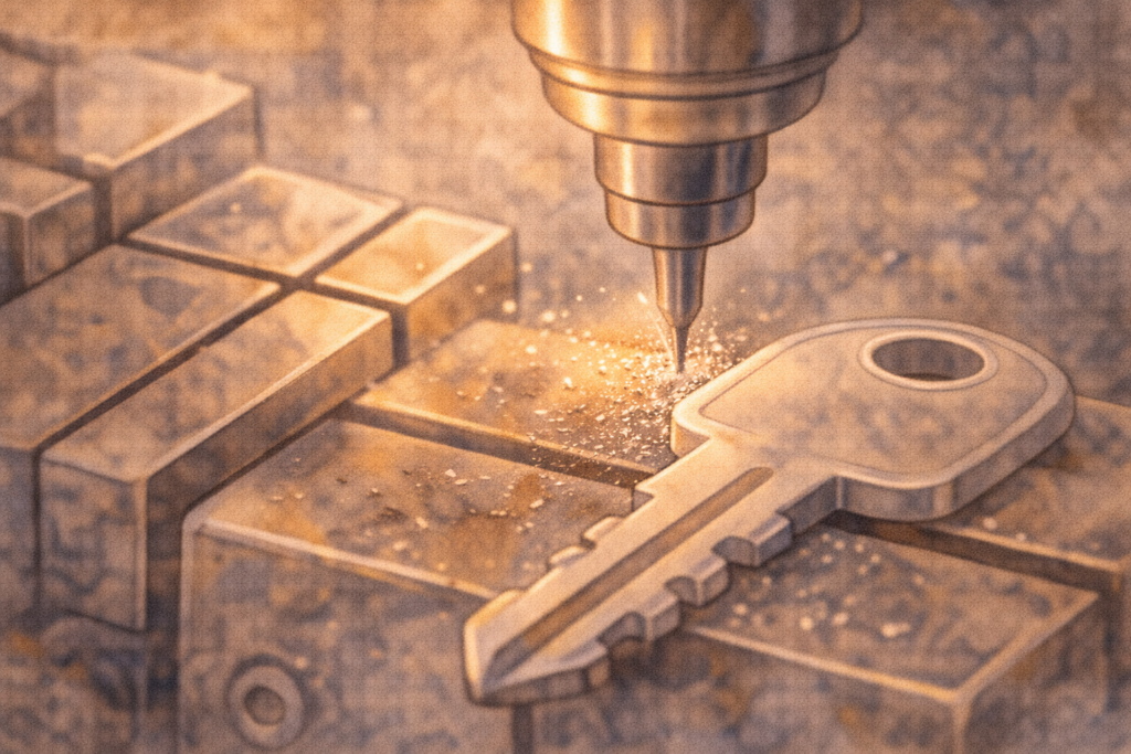 プロの鍵屋が精密な機械で合鍵をカットしている手元のイラスト