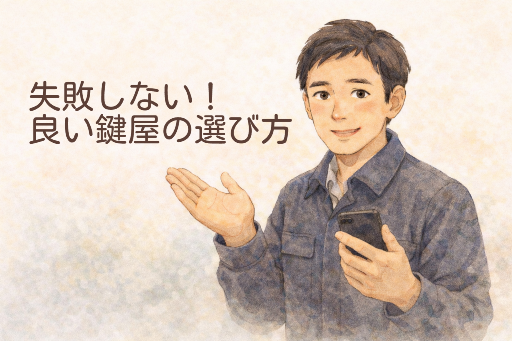鍵屋 選び方 悪質 なトラブルを回避するアドバイスをする鍵屋のイラスト