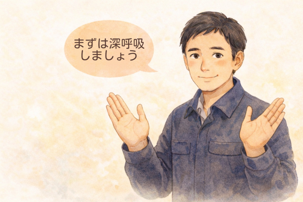 笑顔で落ち着くようにジェスチャーをしている大阪の正直な鍵屋のイラスト