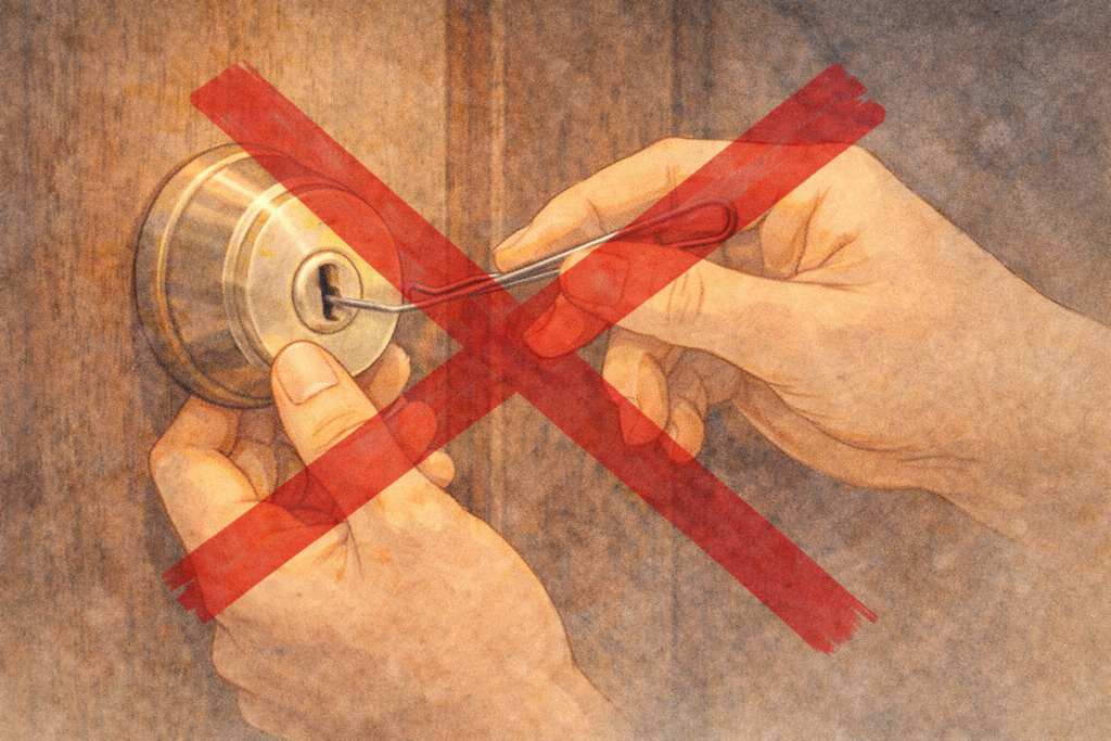 ヘアピンや針金で鍵穴を開けようとする危険な行為にバツ印がついたイラスト