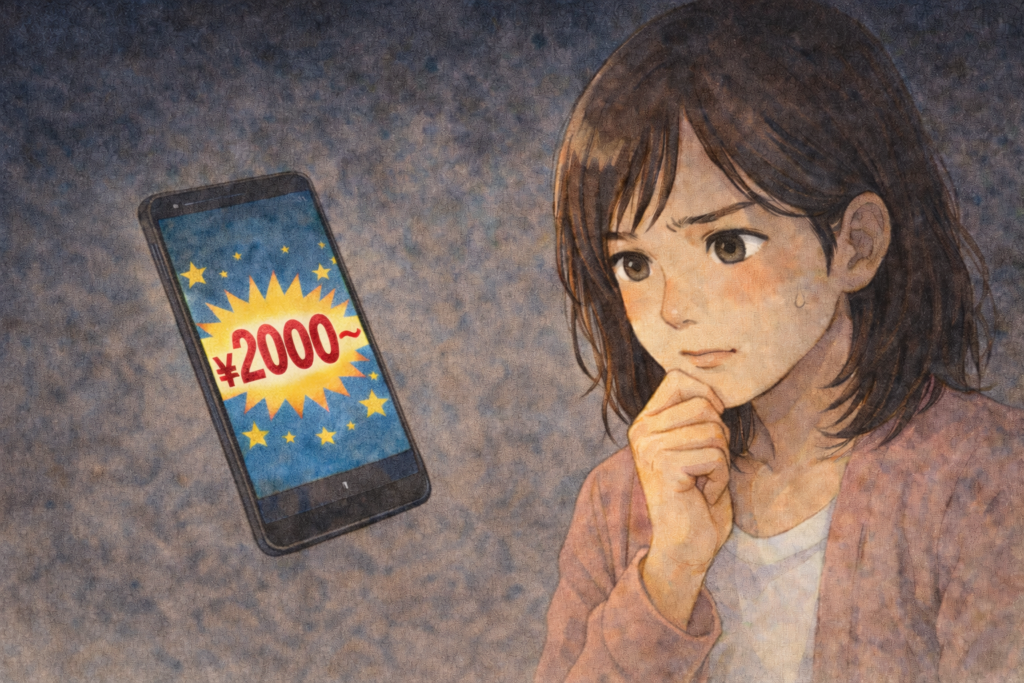 スマホで極端に安い鍵開け料金の広告を見て不安になっている女性のイラスト