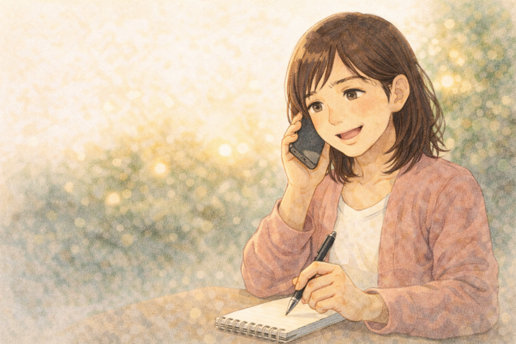 メモを取りながら落ち着いて鍵屋に電話で確認をしている女性のイラスト