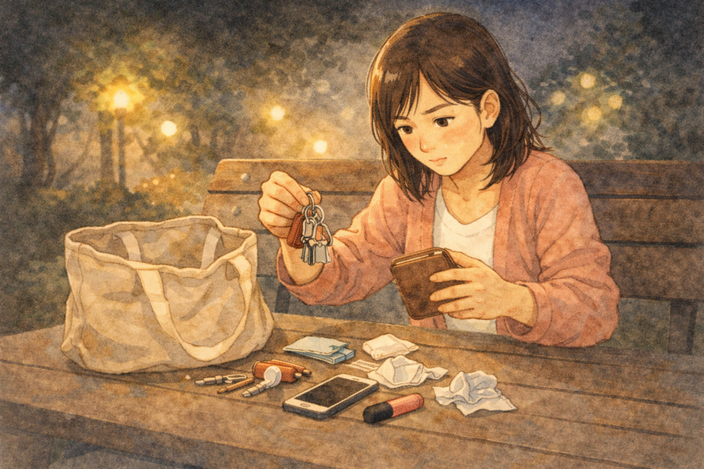 ベンチでカバンの中身をすべて出して鍵を探している女性のイラスト