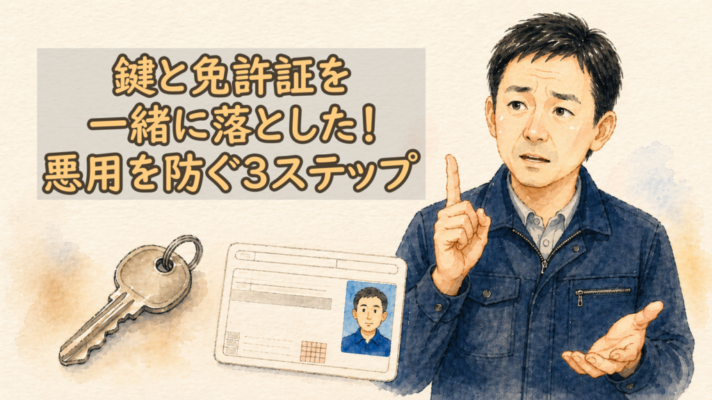 鍵と免許証の同時紛失の危険性を解説する正直な鍵屋たこやきのイラスト。画像内に「鍵と免許証を一緒に落とした!悪用を防ぐ3ステップ」と文字が入っている