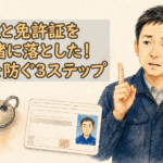 鍵と免許証の同時紛失の危険性を解説する正直な鍵屋たこやきのイラスト。画像内に「鍵と免許証を一緒に落とした！悪用を防ぐ3ステップ」と文字が入っている