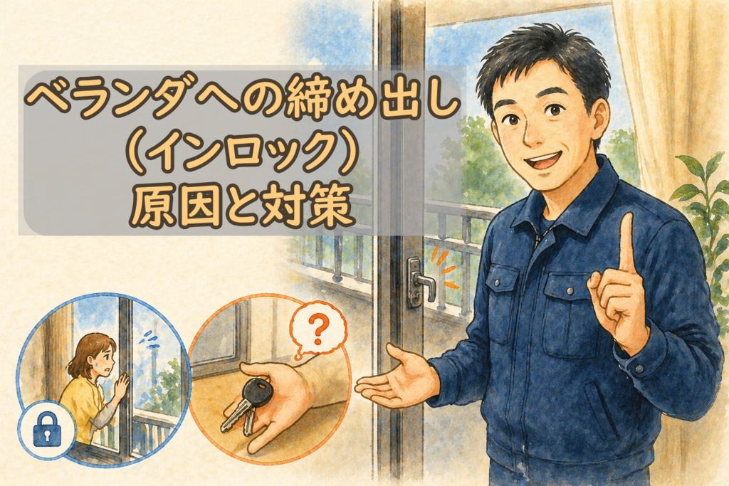 ベランダの窓の前で締め出し対策を解説する正直な鍵屋たこやきのイラスト。画像内に「ベランダへの締め出し（インロック）！原因と対策」と文字が入っている