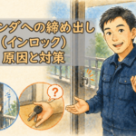 ベランダの窓の前で締め出し対策を解説する正直な鍵屋たこやきのイラスト。画像内に「ベランダへの締め出し（インロック）！原因と対策」と文字が入っている