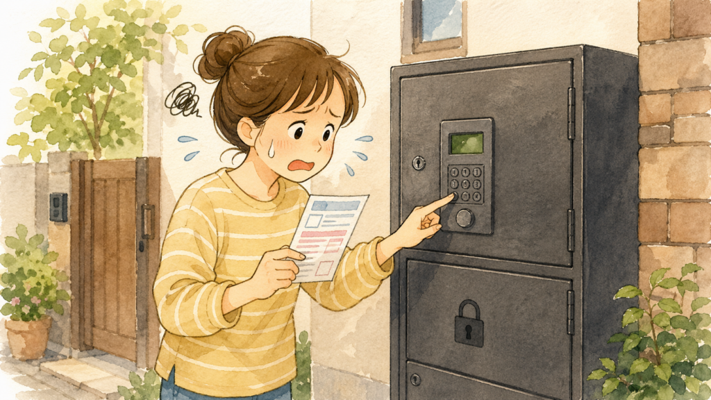 不在票を見ながら宅配ボックスの暗証番号を入れても開かなくて困っている人のイラスト