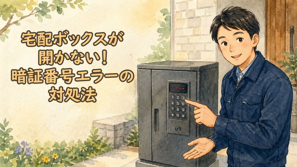 宅配ボックスの横で開け方を解説する正直な鍵屋たこやきのイラスト。画像内に「宅配ボックスが開かない!暗証番号エラーの対処法」と文字が入っている