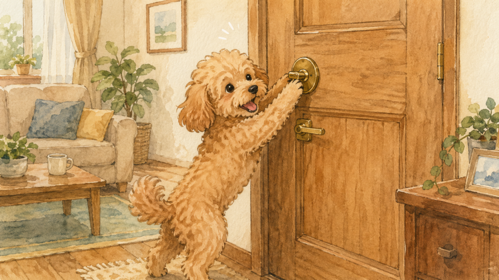 室内犬がジャンプして、前足が偶然ドアのサムターン（鍵のつまみ）に当たって鍵が閉まってしまうイラスト