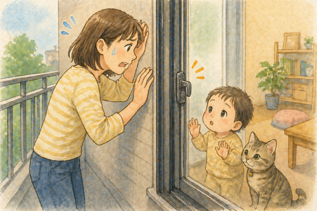 ベランダに締め出され、部屋の中にいる子供やペットを窓越しに見ている困ったイラスト