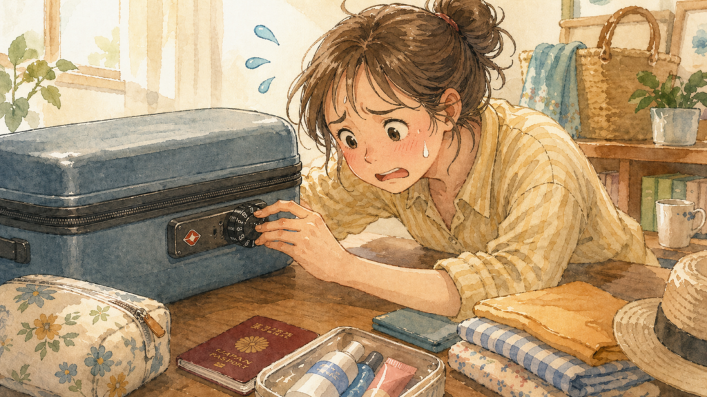 旅行の準備中にスーツケースのダイヤルが開かなくて焦っている人のイラスト