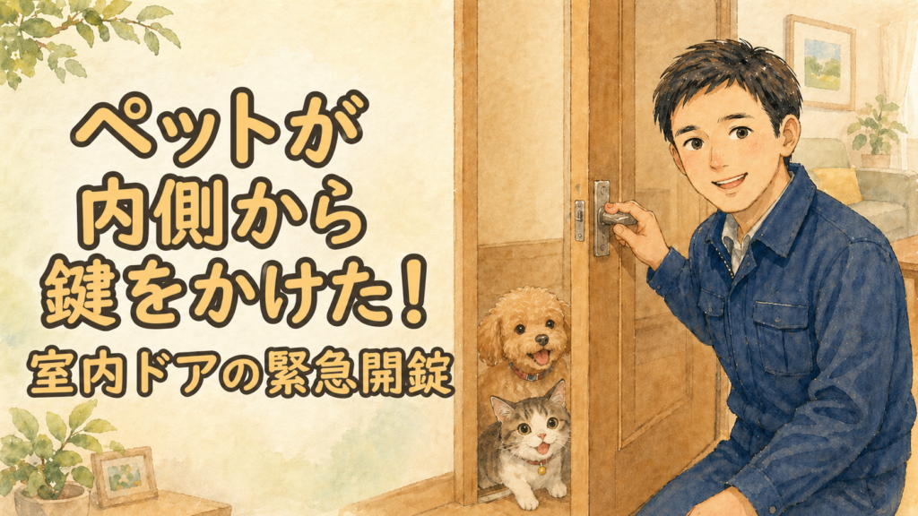 室内ドアを開けてペットを救出し、飼い主さんを安心させている正直な鍵屋たこやきのイラスト。画像内に「ペットが内側から鍵をかけた！室内ドアの緊急開錠」と文字が入っている