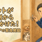 室内ドアを開けてペットを救出し、飼い主さんを安心させている正直な鍵屋たこやきのイラスト。画像内に「ペットが内側から鍵をかけた！室内ドアの緊急開錠」と文字が入っている