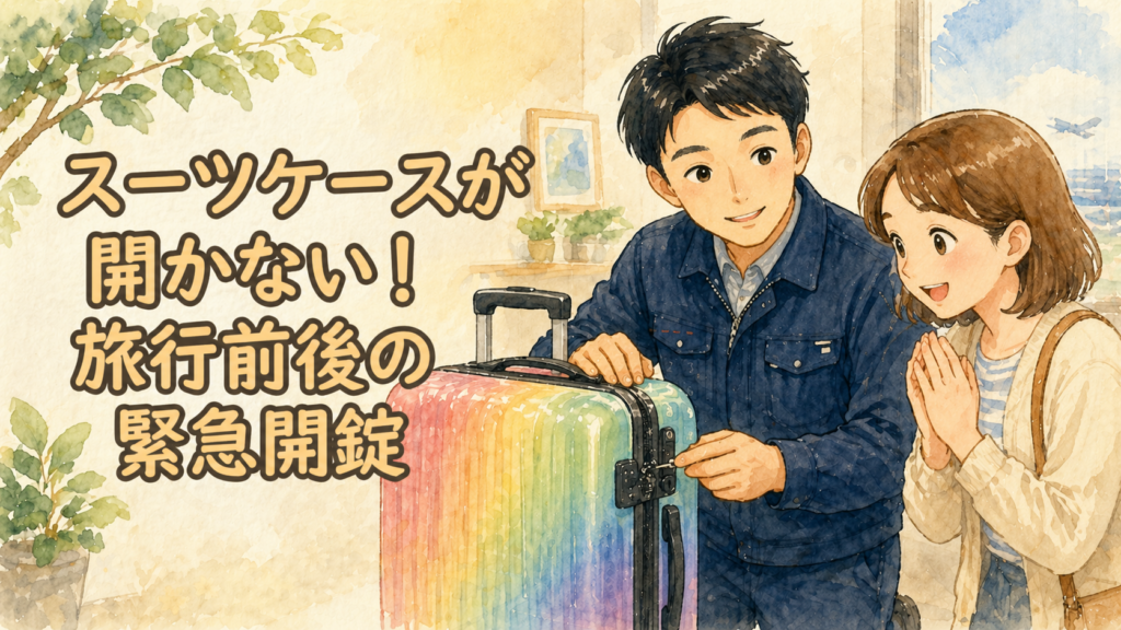 スーツケースの鍵を開けて旅行者を安心させている正直な鍵屋たこやきのイラスト。画像内に「スーツケースが開かない!旅行前後の緊急開錠」と文字が入っている