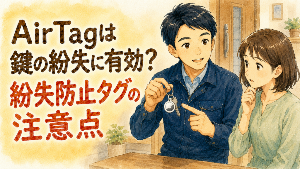 鍵につけた紛失防止タグのメリットと注意点を優しく説明する正直な鍵屋たこやきのイラスト。画像内に「AirTagは鍵の紛失に有効？紛失防止タグの注意点」と文字が入っている