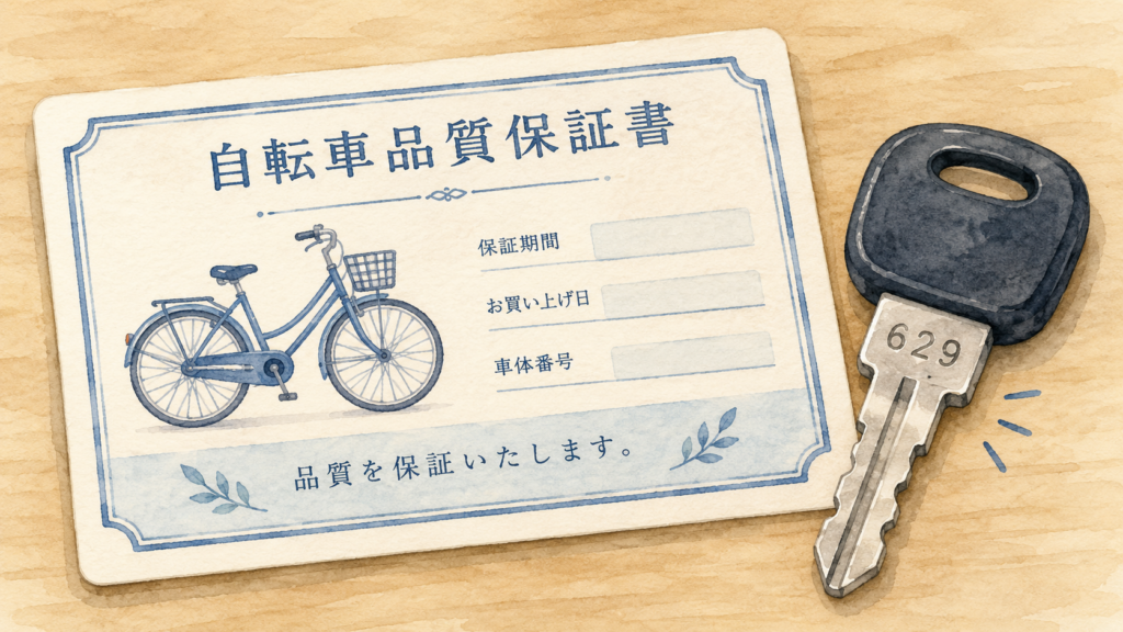 自転車の品質保証書と小さな鍵のアップで、刻印された鍵番号が重要であることを示すイラスト