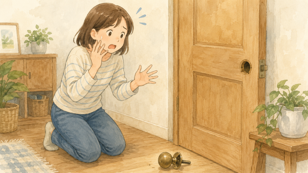 ドアノブが完全に外れて床に落ちてしまい、部屋から出られなくなって驚いている人のイラスト
