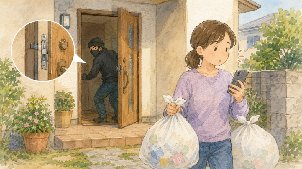 住人が外へゴミ出しに行っている数分の隙を狙って、無施錠の玄関から泥棒が侵入しようとしているイラスト