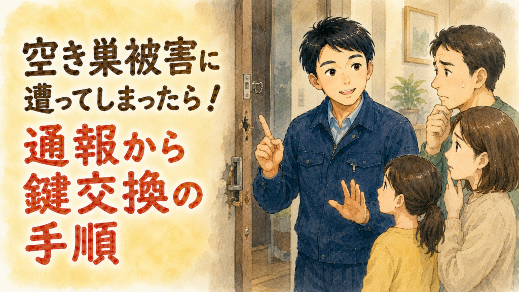 空き巣被害に遭って不安な家族を優しく落ち着かせ、正しい手順を説明する正直な鍵屋たこやきのイラスト。画像内に「空き巣被害に遭ってしまったら！通報から鍵交換の手順」と文字が入っている