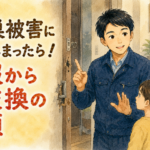 空き巣被害に遭って不安な家族を優しく落ち着かせ、正しい手順を説明する正直な鍵屋たこやきのイラスト。画像内に「空き巣被害に遭ってしまったら！通報から鍵交換の手順」と文字が入っている