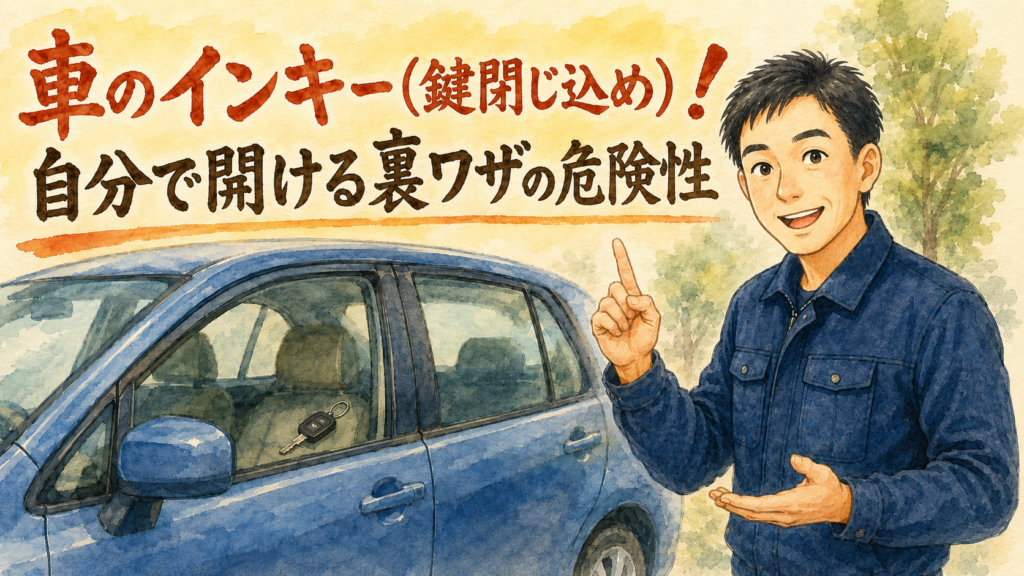 車の横でインキーの注意点を解説する正直な鍵屋たこやきのイラスト。画像内に「車のインキー(鍵閉じ込め)!自分で開ける裏ワザの危険性」と文字が入っている