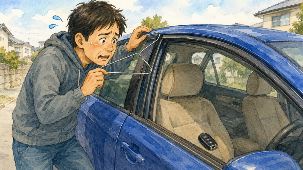 車内に鍵を閉じ込めてしまい、窓の隙間から針金で無理やり開けようとしている危ない行動のイラスト