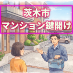 夜のマンションでお見積もりを提示する作業員 「 茨木市 鍵開け 」