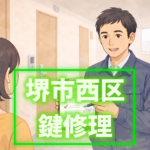 夕方のマンションの玄関前で、工具箱を持ってお客さまと話す作業員 「 堺市西区 鍵修理 」