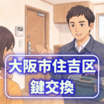 マンションの玄関前で、新しいシリンダーと工具箱を持って笑顔で話す作業員 「 大阪市住吉区 鍵交換 」
