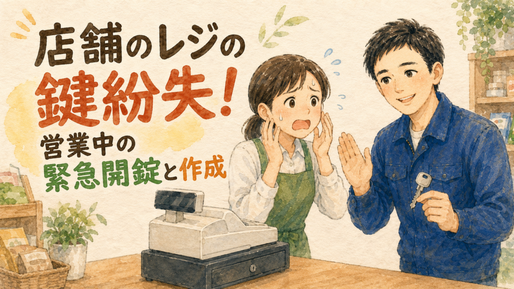 店舗のレジの前でパニックになっている店員さんを落ち着かせる正直な鍵屋たこやきのイラスト。画像内に「店舗のレジの鍵紛失！営業中の緊急開錠と作成」と文字が入っている
