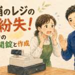店舗のレジの前でパニックになっている店員さんを落ち着かせる正直な鍵屋たこやきのイラスト。画像内に「店舗のレジの鍵紛失！営業中の緊急開錠と作成」と文字が入っている