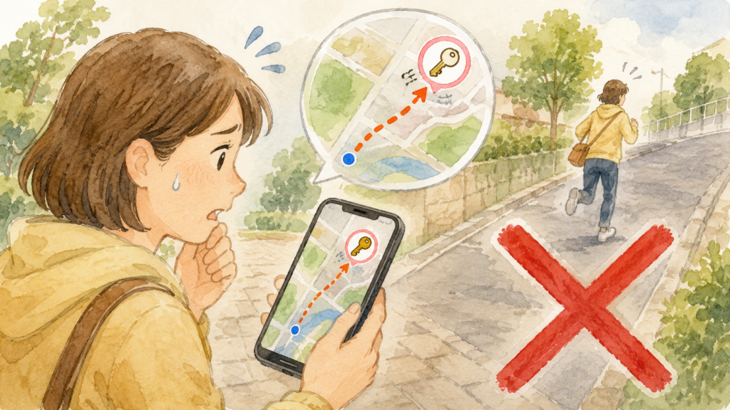 スマホの地図上で落とした鍵が移動しているのを見て、一人で追いかけようとしている危険なイラスト