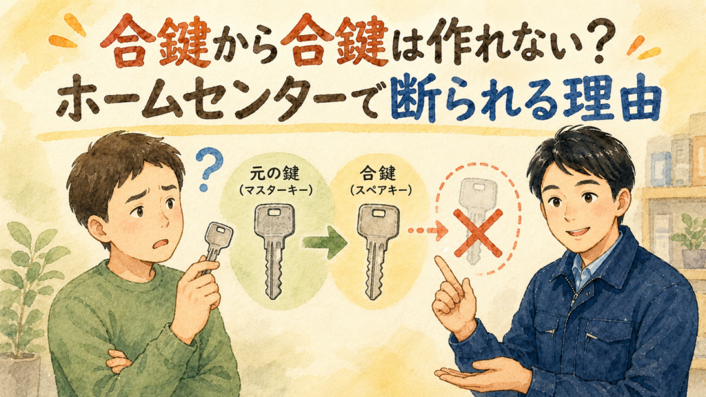 合鍵から合鍵を作れない理由を、困っているお客さんに優しく説明する正直な鍵屋たこやきのイラスト。画像内に「合鍵から合鍵は作れない？ホームセンターで断られる理由」と文字が入っている