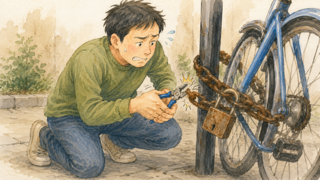 自転車の太いチェーンロックを、家庭用の小さなペンチで無理やり切ろうとして工具が壊れそうになっている危険なイラスト 