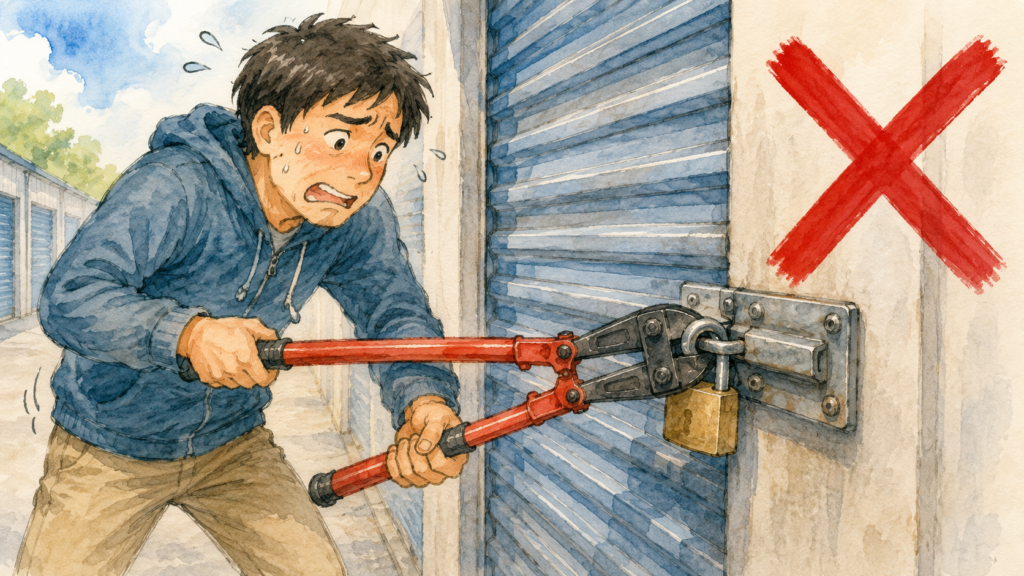 トランクルームの頑丈な南京錠を、焦って大きな工具で切断しようとしている危険なイラスト