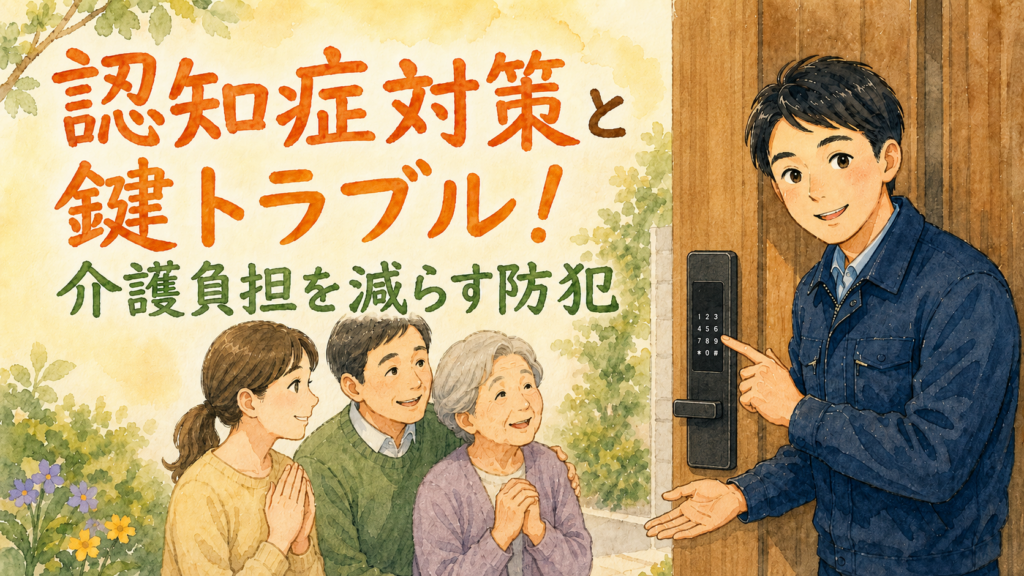 玄関で介護に悩むご家族に電子錠の仕組みを優しく説明し、安心させている正直な鍵屋たこやきのイラスト。画像内に「認知症対策と鍵トラブル！介護負担を減らす防犯」と文字が入っている